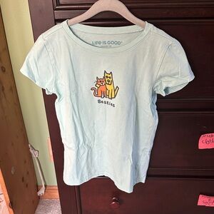 Life Is Good Aqua T-Shirt with Cat Graphic